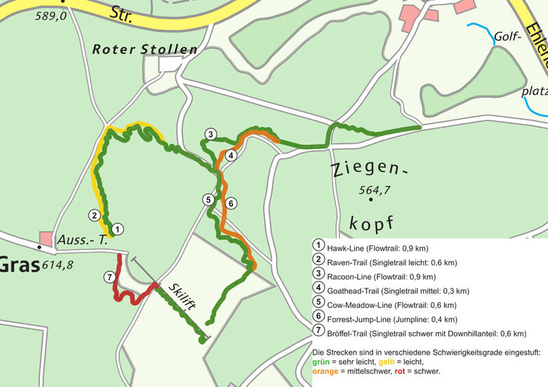 Strecken des Trailparks eingezeichnet auf einer Karte