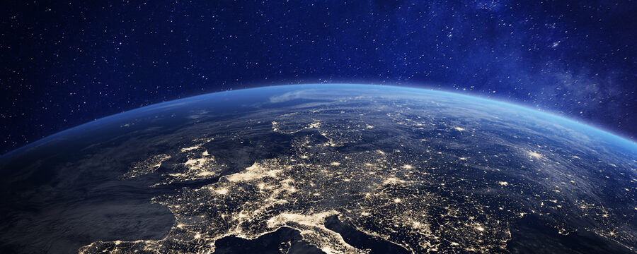 Europe at night viewed from space with city lights showing human activity in Germany, France, Spain, Italy and other countries, 3d rendering of planet Earth, elements from NASA