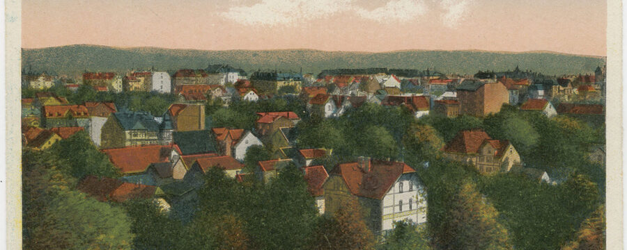 Postkarte von 1910: Wahlershausen vom Rammelsberg nach Südosten gesehen,in Richtung Bahnhof Wilhelmshöhe und Stadt.