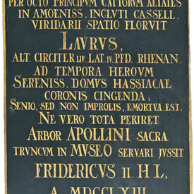 Gedenktafel zum Lorbeerstamm von 1763, darauf ein goldfarbener Text in lateinischer Sprache.