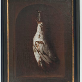 Ölgemälde mit dem Titel "Weiße Schnepfe". Abgebildet ist eine tote, weiße Waldschnepfe, die an einer schütteren Feder hängt.